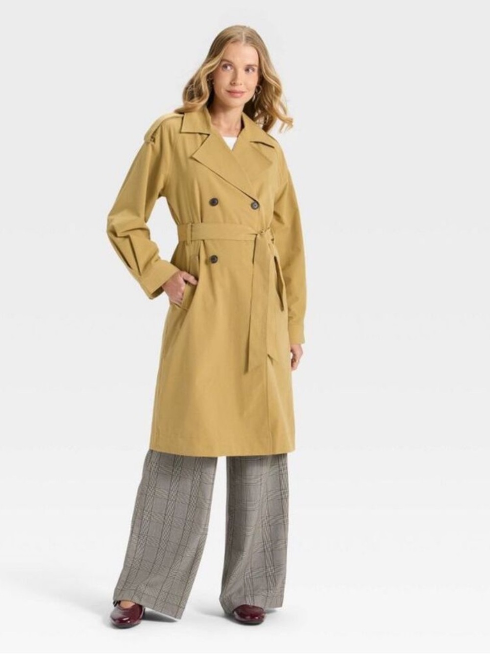 a new day Mustard Double-Breasted Trench Coat with Tie Belt